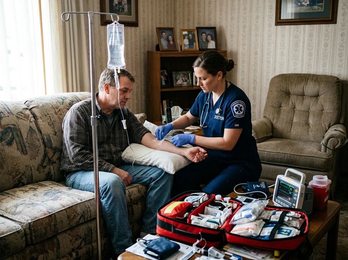 Врач скорой помощи устанавливает капельницу пациенту дома, экстренная наркологическая помощь, домашняя обстановка, профессиональное оборудование
